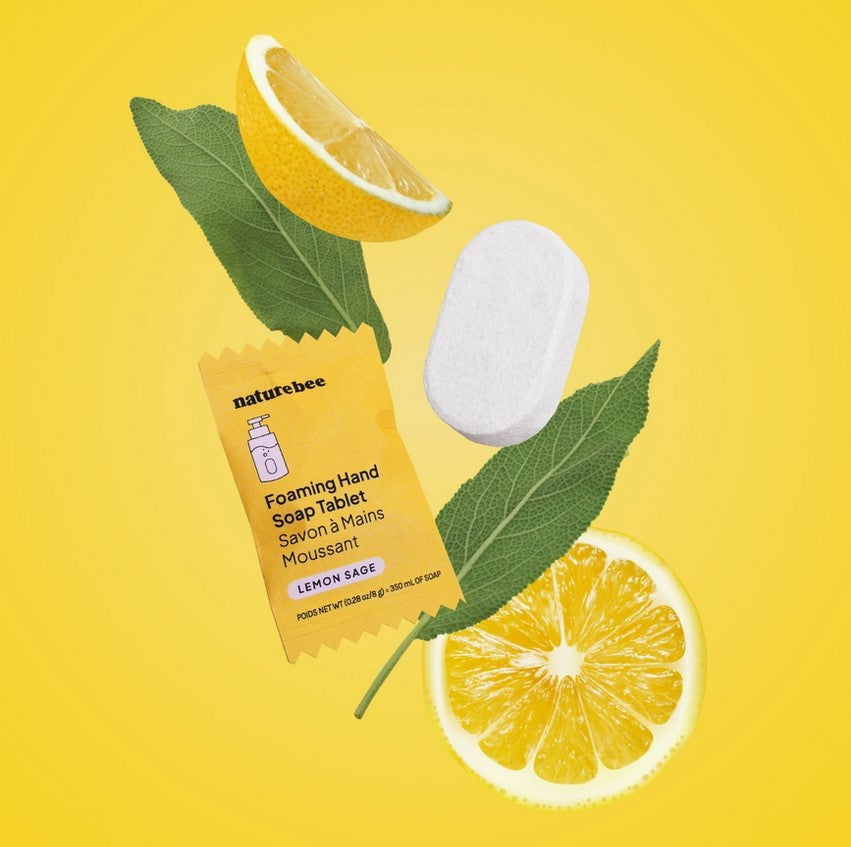 Nature Bee Lemon Sage Foaming Hand Soap Tablet with fresh lemon and sage leaves – Canadian-made zero waste hand soap refill tablet