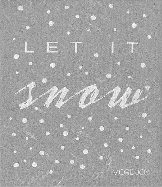 The Let It Snow Swedish Dishcloth by More Joy is a great way to make your winter cleaning routine more fun. This eco-friendly, sponge cloth showcases feature the words 'Let It Snow' on a grey background with a bunch of snowflakes.