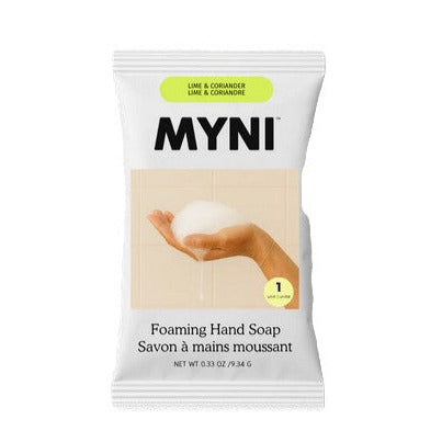 Myni Canadian made foaming hand soap concentrate tablet in compostable packaging on a white background