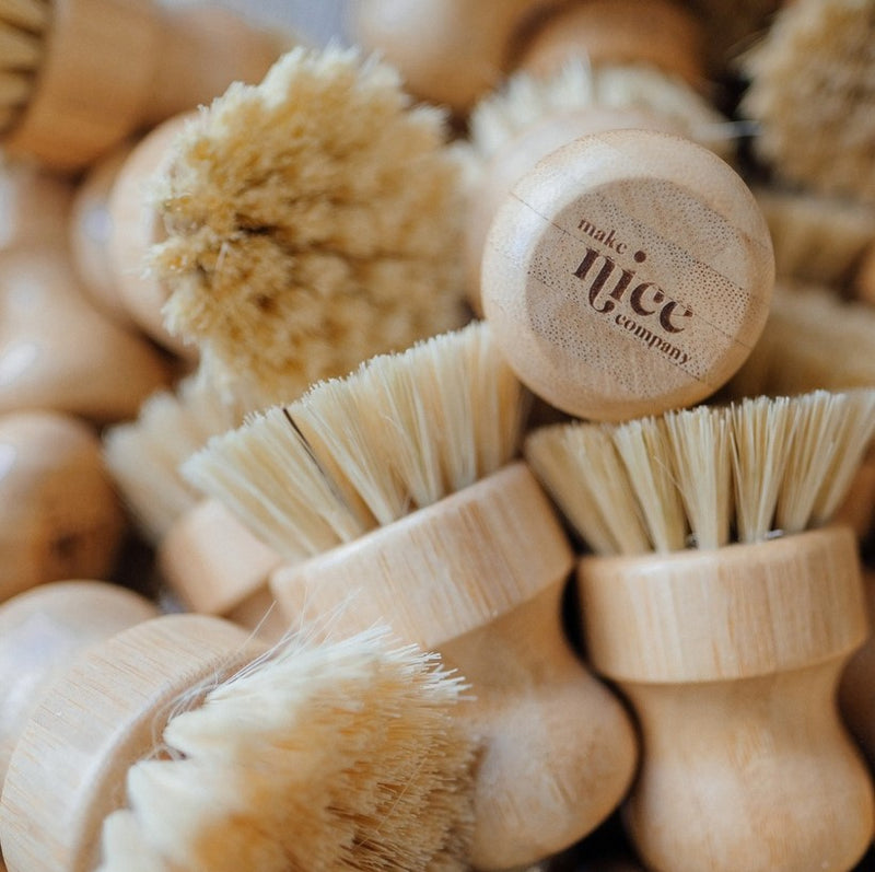 The bristles of these biodegradable scrubber brushes are made of tampico (from the agave plant) with a beechwood base