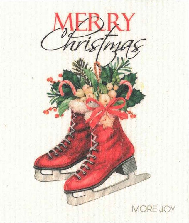 Compostable eco sponge cloth made of cellulose and featuring a lovely rendering in vivid colours of red ice skates adorned with holiday greenery and a 'Merry Christmas' holiday salutation, replaces paper towel by absorbing 20x its weight in liquid. Size 20 x 17 cm