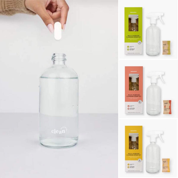 Nature Bee Clean Multi-Purpose Cleaning Spray Kits include one concentrated cleaner tablet and a refillable glass spray bottle and are available in bergamot lime, sweet citrus and fresh lemon