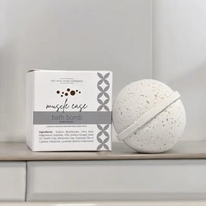 Muscle Ease Bath Bomb by Old Soul Soap Company – Canadian-made 8 oz bath bomb with Epsom salts, bentonite clay, and essential oils for soothing sore muscles