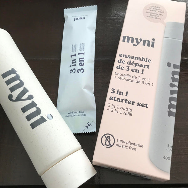 This Myni 3 in 1 Starter Set is the first Canadian made 3 in 1 gel in the form of a powder that can be rehydrated in water.   When in contact with water, the powder transforms into a gel similar to your favorite shampoo, conditioner and shower gel. No sulphates, no toxic ingredients and no animal cruelty.