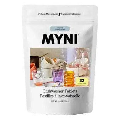 This fragrance-free concentrated dishwasher detergent made in Canada by myni comes in a 32 unit compostable pouch and is an ecological, zero waste solution to remove stubborn stains from your dishes. Shown on a white background.