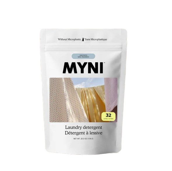 Made in Quebec by myni, this 70 compostable pouch of fragrance-free laundry tablets are an effective plastic-free laundry option for those with sensitive skin or scent allergies. Shown on a white background.