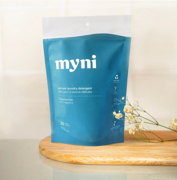 Introducing Delicate Laundry Tablets by Myni. Discover the effervescent delicate laundry detergent that is perfect for gently cleaning delicate items like underwear, bathing suits and sportswear. It comes in a compostable pouch of 30 fragrance- free tablets