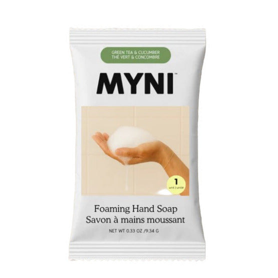 Myni Canadian made foaming hand soap concentrate tablet in compostable packaging on a white background