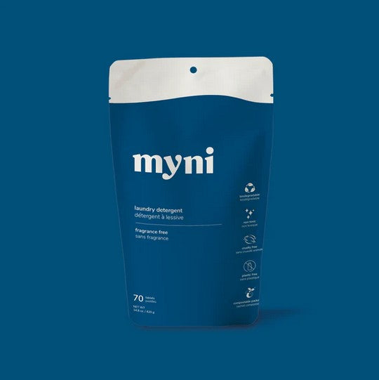 Made in Quebec by myni, this 70 compostable pouch of fragrance-free laundry tablets are an effective plastic-free laundry option for those with sensitive skin or scent allergies.