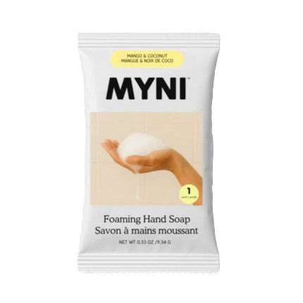 Myni Canadian made foaming hand soap concentrate tablet in compostable packaging on a white background.