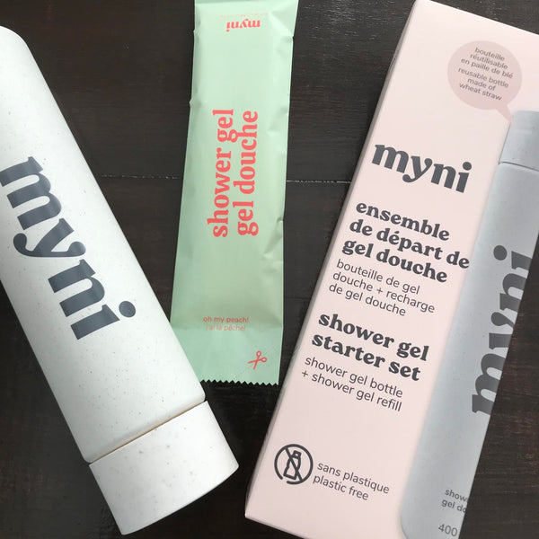 Myni Shower Gel Starter Set is the first Canadian made shower gel in the form of a powder that can be rehydrated in water.  It comes with a 400 ml wheat straw bottle and a 'Oh My Peach' shower gel powder your favorite shampoo, conditioner and shower gel.