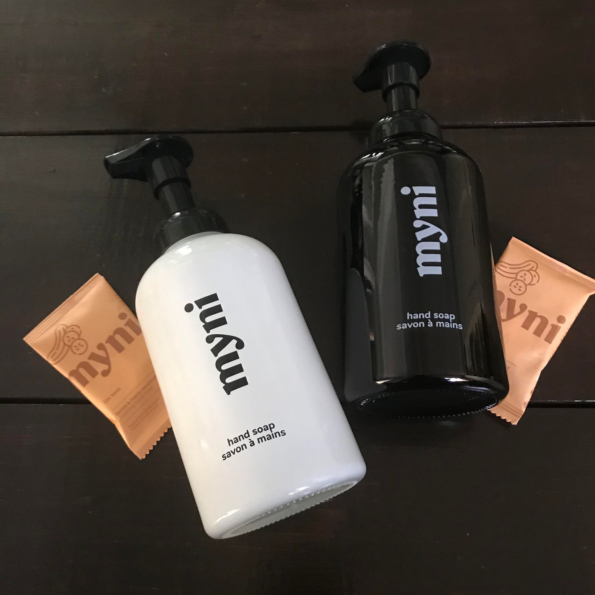 myni black lettering on white or white lettering on black refillable glass foaming hand soap bottles  come in a box with one hand soap tablet