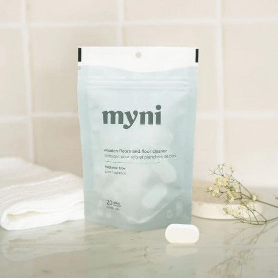 Discover this revolutionary wooden floors and floor cleaner in tablet form by Myni. Simply dissolve one tablet in 4 liters of water for a powerful formula suitable for delicate surfaces such vinyl, ceramic, parquet and more. Simplify your cleaning routine with this Canadian made eco-friendly solution, combining effectiveness and responsibility.  Each compostable pouch contains 20 cleaning tablets.