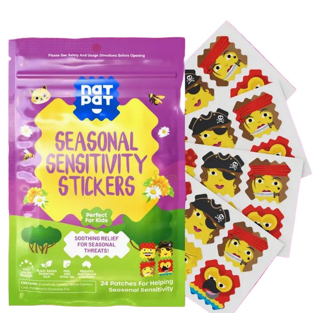 NATPAT AllergyPatch Seasonal Sensitivity Stickers – natural essential oil patches for kids with fun pirate designs, eco-friendly allergy relief.