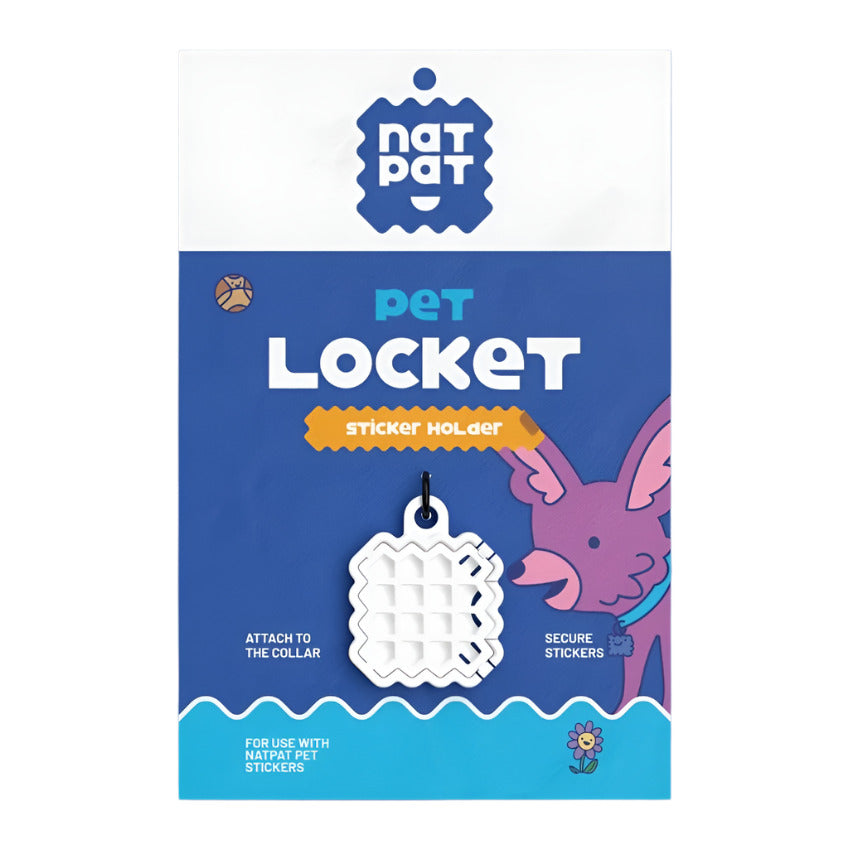 Package of Nat Pat Pet Locket sticker holder with a white background