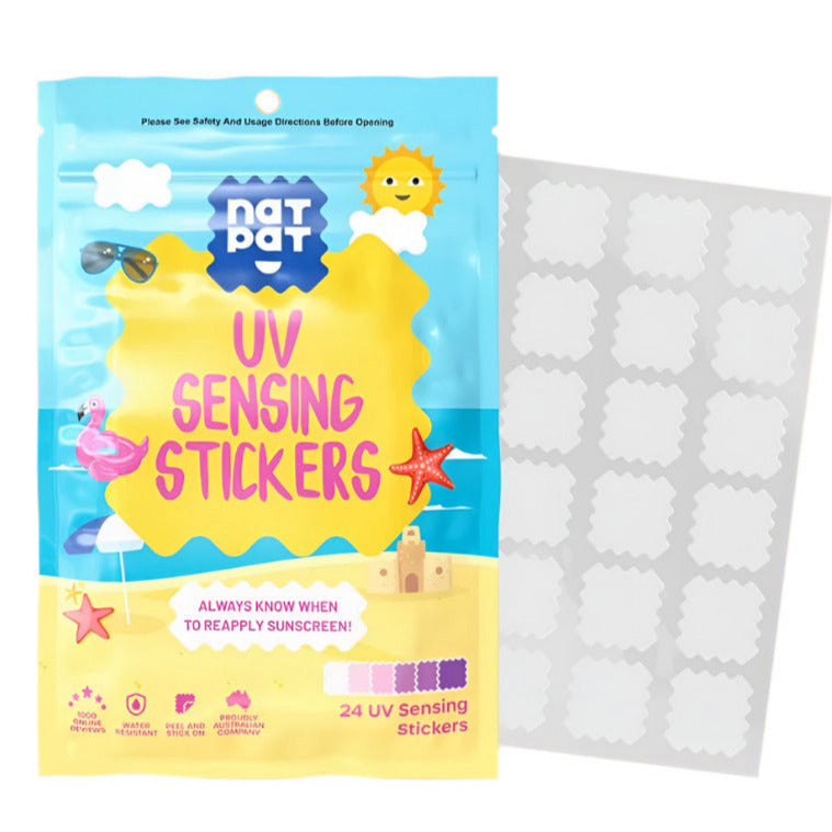 UV sensing stickers packaging with a sample of stickers on a white background