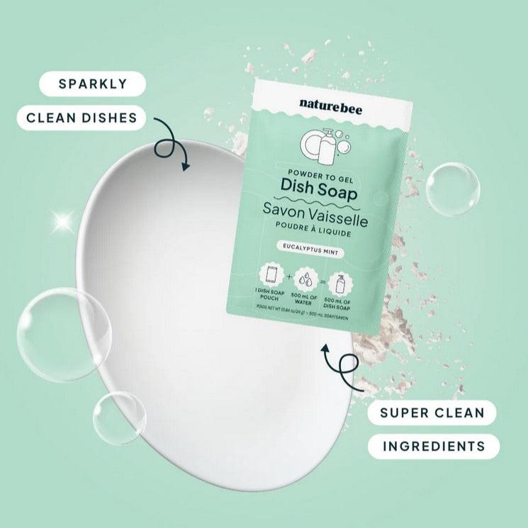 Sparkly clean dishes and super clean ingredients are the benefits of eucalyptus mint powder to gel dish soap from Nature Bee.