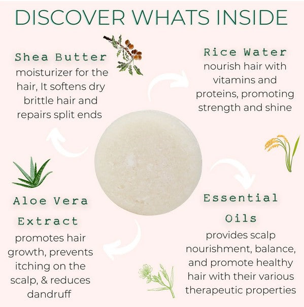 Product packaging with text detailing ingredients like shea butter, rice water, aloe vera extract, and essential oils on a light pink background.
