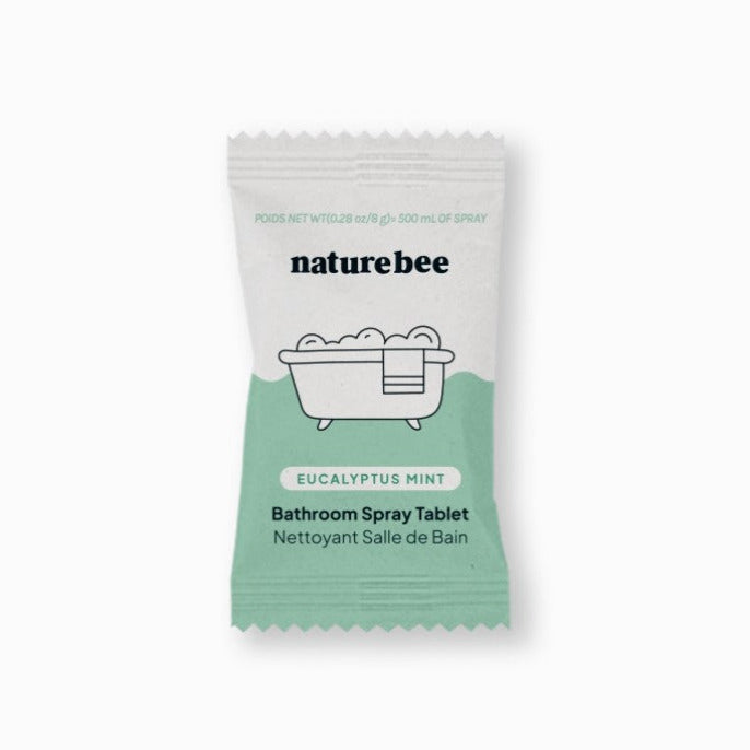 Nature Bee Eucalyptus Mint Bathroom Spray Cleaning Tablet in compostable packaging, designed for a 500ml reusable spray bottle.