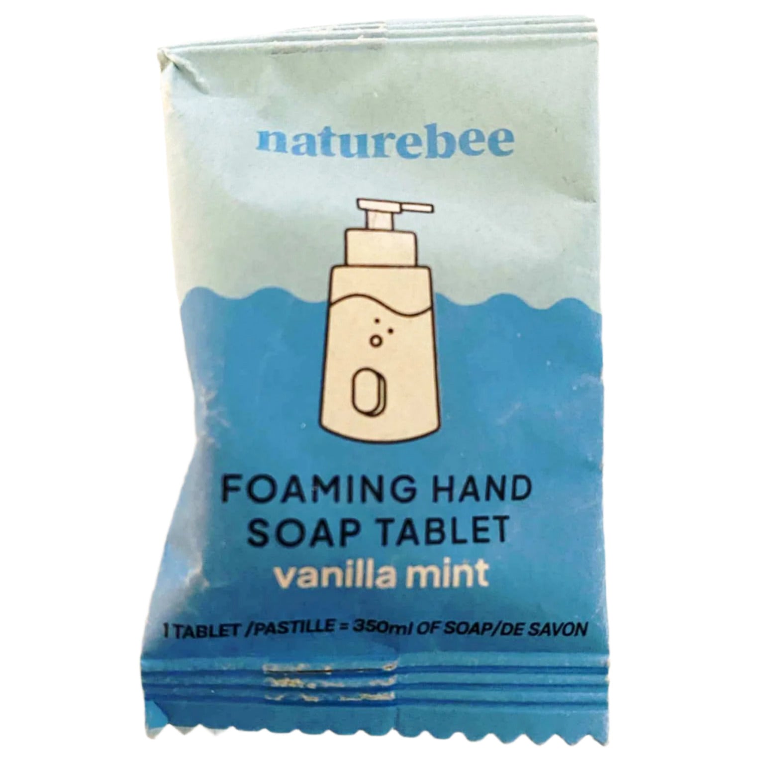 Individual Vanilla Mint Foaming Hand Soap Tablet in compostable packaging.