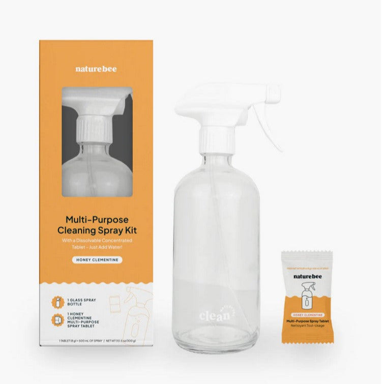 Nature Bee Honey Clementine Multi-Purpose Cleaning Spray Kit with reusable glass bottle and citrus scented cleaning tablet – eco-friendly, refillable, plastic-free.