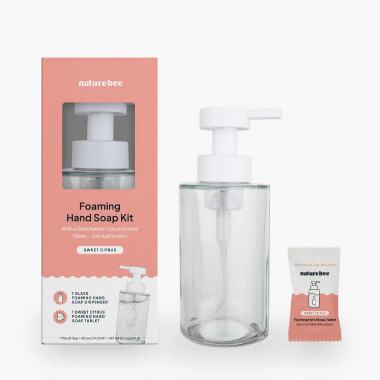 Nature Bee Sweet Citrus Foaming Hand Soap Kit with reusable glass bottle, dissolvable citrus tablet, and recyclable packaging in bright grapefruit-lemon-orange scent.