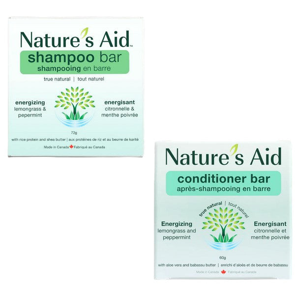 Nature’s Aid Energizing Shampoo and Conditioner Bar Set with Lemongrass, Peppermint, and Tea Tree – Canadian-made plastic-free hair care bars on a white background.