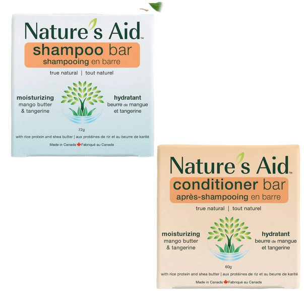 Nature’s Aid Moisturizing Shampoo and Conditioner Bar Set with mango butter and tangerine – Canadian-made plastic-free hair care bars for soft, nourished hair.