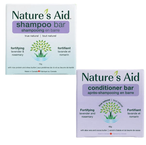 Nature's Aid Fortifying Shampoo and Conditioner Bar Set with Lavender and Rosemary – Canadian-made plastic-free hair care bars enriched with aloe, rice protein, shea butter, and cocoa butter