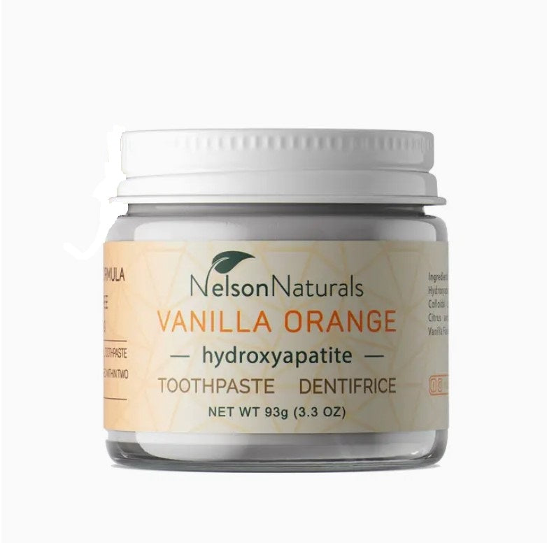 Nelson Naturals Vanilla Orange Toothpaste in a Jar with hydroxyapatite, 93g glass jar – fluoride-free, vegan, and plastic-free toothpaste alternative.