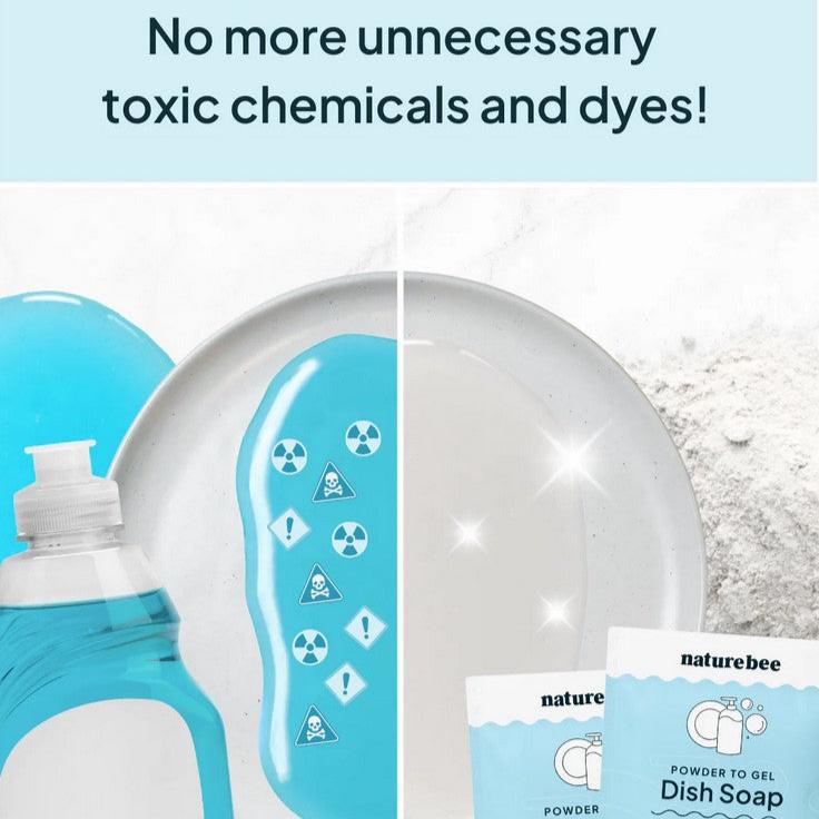 No more chemical residue thanks to Nature Bee and their coastal mist powder to gel dish soap pictured with non-toxic logos a  sparkling cleaning white dish, a bottle of dish soap and a couple packages of dish soap concentrate packs.