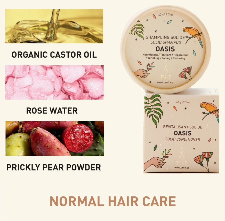 Normal hair requires a steady care routine to prevent moisture and vitality loss.  This oasis shampoo bar from Tanit Botanics deeply nourishes the hair and protects the scalp, leaving hair healthy from the inside out. Matching conditioner sold separately.
