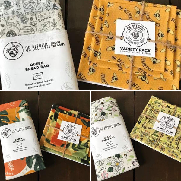 Looking to source some beeswax wraps and bags to keep your food and bakery items fresh? We’re excited to offer these Beeswax Wraps and Bread Bag Sets from Oh Beehive Beeswax Food Wraps based in Barrie, Ontario.