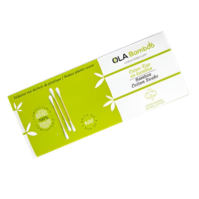 OLA Bamboo box 400-count compostable cotton swabs with recyclable packaging on white background
