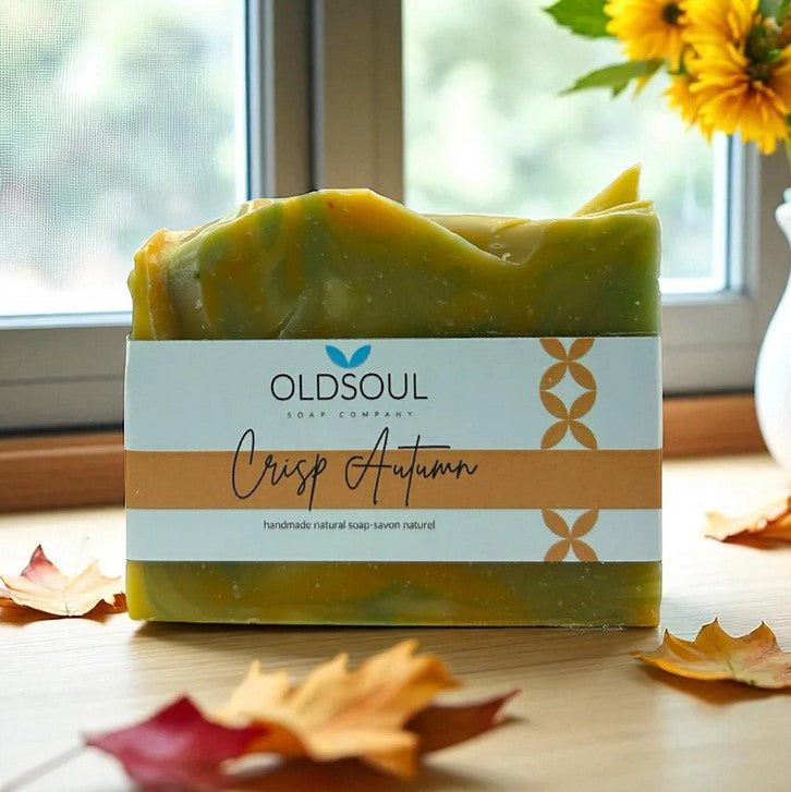 Old Soul Soap Company Crisp Autumn artisan bar soap with eucalyptus, cedarwood, and lemon essential oils, handcrafted in Canada with natural ingredients.