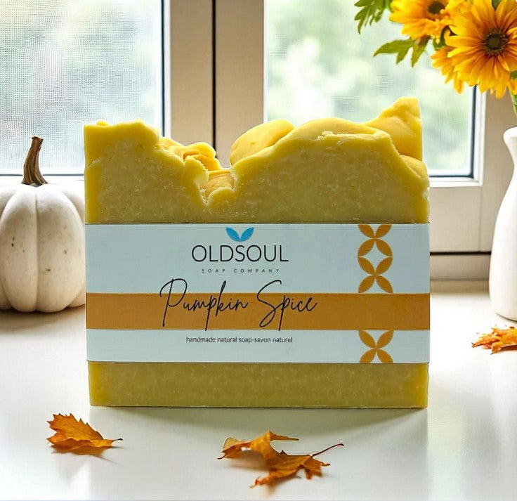 Old Soul Soap Company Pumpkin Spice artisan bar soap made in Canada, handcrafted with pumpkin, orange, cinnamon, clove, and nutmeg for a warm festive scent.