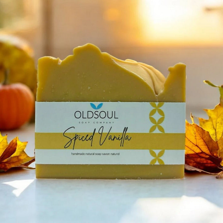 Old Soul Soap Company Spiced Vanilla artisan soap bar with cinnamon, clove, and nutmeg essential oils, handcrafted in Canada