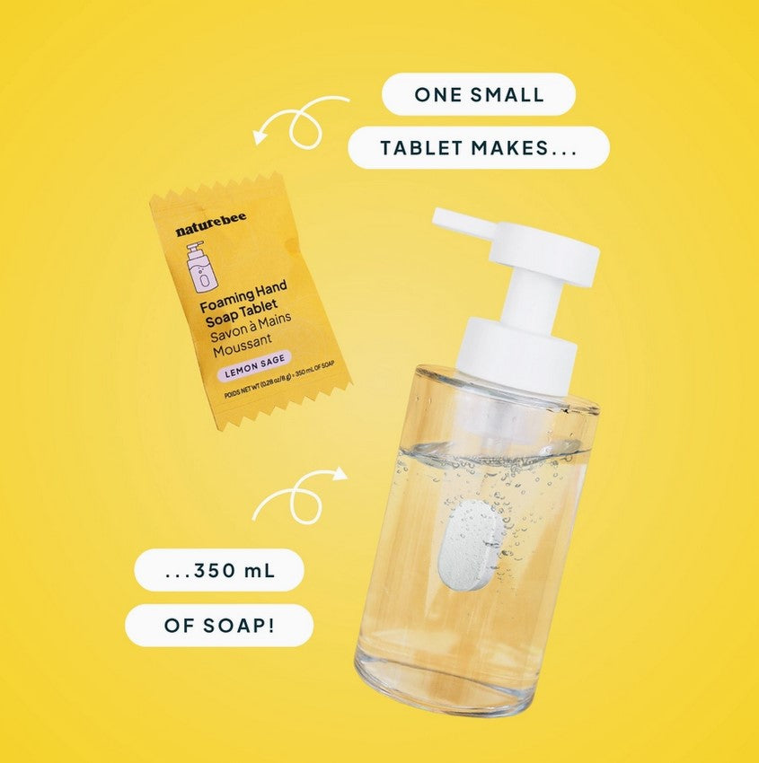 One Nature Bee Lemon Sage Foaming Hand Soap Tablet dissolving in a reusable foaming dispenser – makes 350ml of eco-friendly liquid hand soap