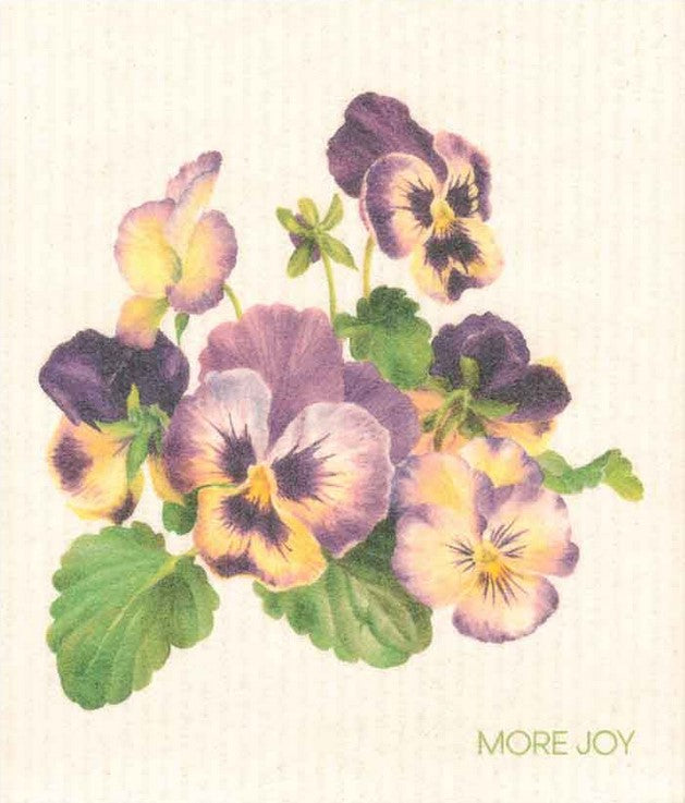 Compostable eco sponge cloth made of cellulose and featuring a lovely rendering of pansies with colours that will make you smile, replaces paper towel by absorbing 20x its weight in liquid. Size 20 x 17 cm