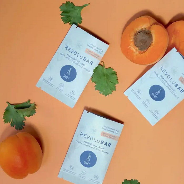 Made in Canada by Tanit Botanics these Peach Coriander Revolubar soap tablets feature plant-based and pH-balanced ingredients to keep hands feeling hydrated and smooth after each wash.