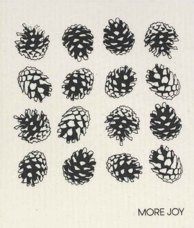 Compostable eco sponge cloth made of cellulose and featuring a motif of randomized pinecones, black on a white background, replaces paper towel by absorbing 20x its weight in liquid. Size 20 x 17 cm