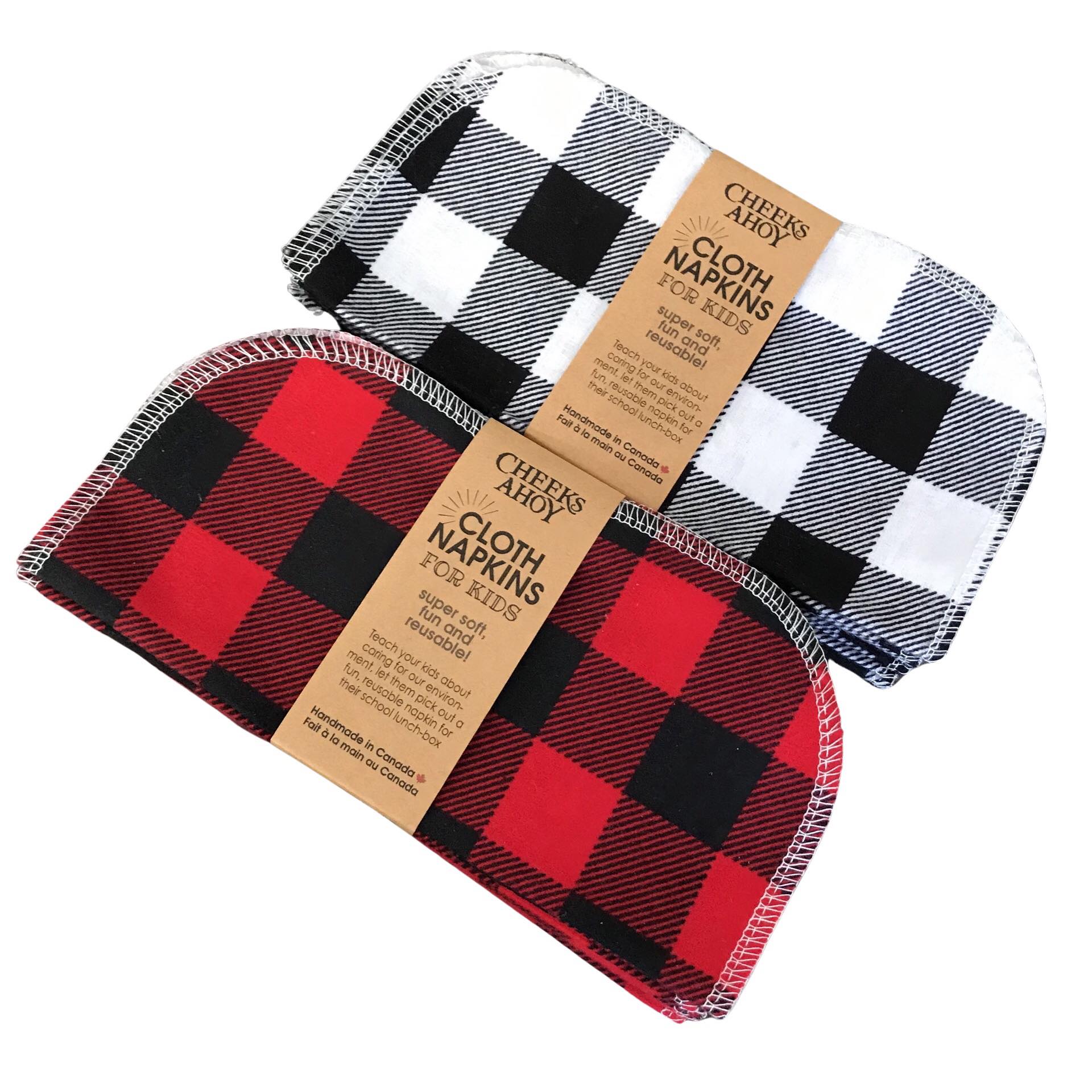 This collection of 10 plaid napikins made in Canada by Cheeks Ahoy are made of cotton flannel which makes them super soft, fun AND FESTIVE!