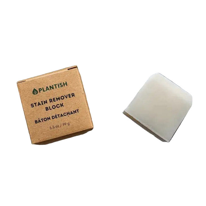 Plantish Stain Remover Block 3.5 oz with kraft paper packaging – Canadian-made, eco-friendly stain remover bar for laundry and household cleaning.