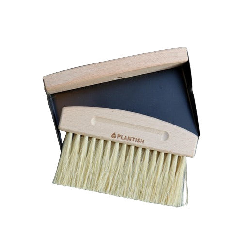 Plantish Dustpan and Brush Set made of bamboo and stainless steel with natural sisal bristles, eco-friendiy and one a white background