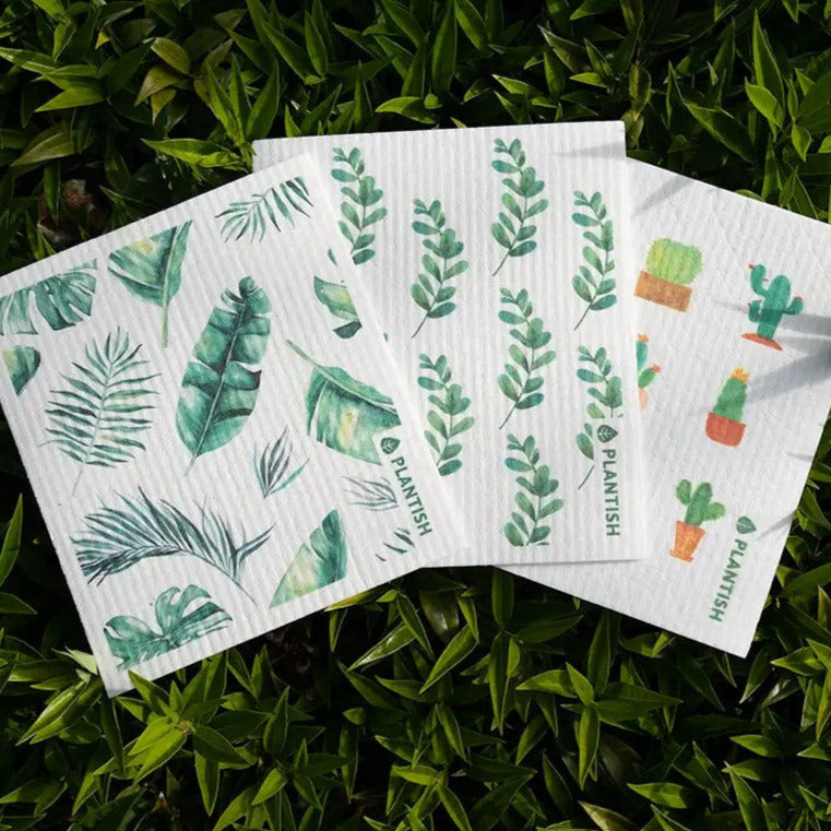 Introducing the Potting Around Swedish Sponge Cloth set featuring cactus, plantopia and eucalyptus motifs by the Canadian brand Plantish inspired by houseplants, their freshness, and their stress-relieving nature.