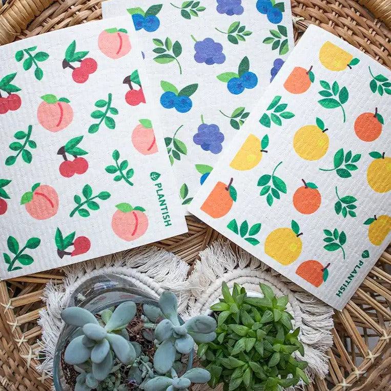 Introducing the Fruity Cuties Swedish Sponge Cloth Set of 3  from the Canadian brand Plantish inspired by fruits, their sweetness, and their upbeat colors. 
