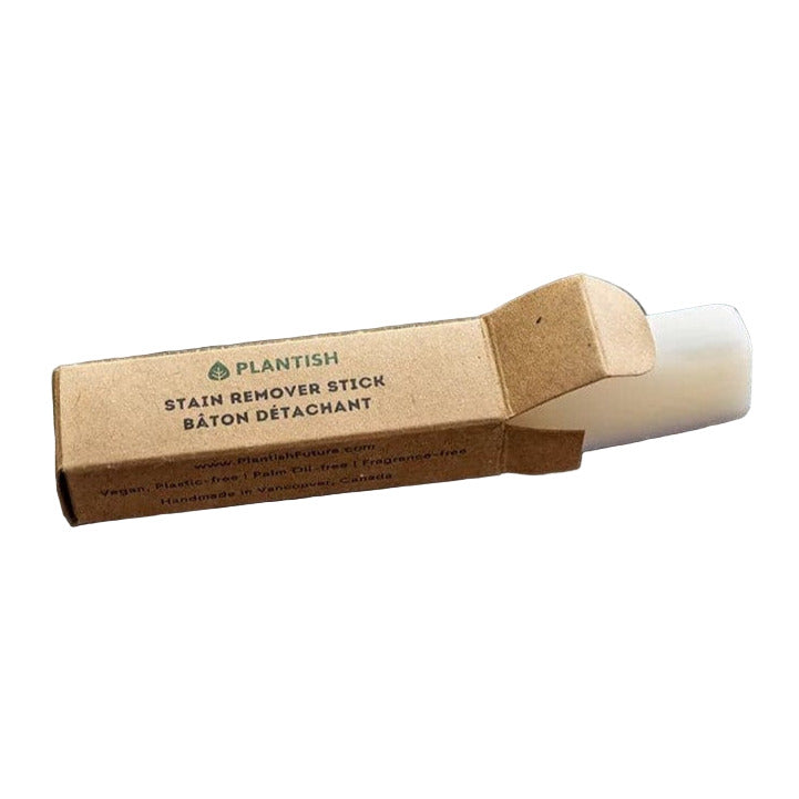 Plantish Stain Remover Stick in recyclable kraft paper packaging – eco-friendly, Canadian-made, plastic-free stain remover bar for laundry and household cleaning.