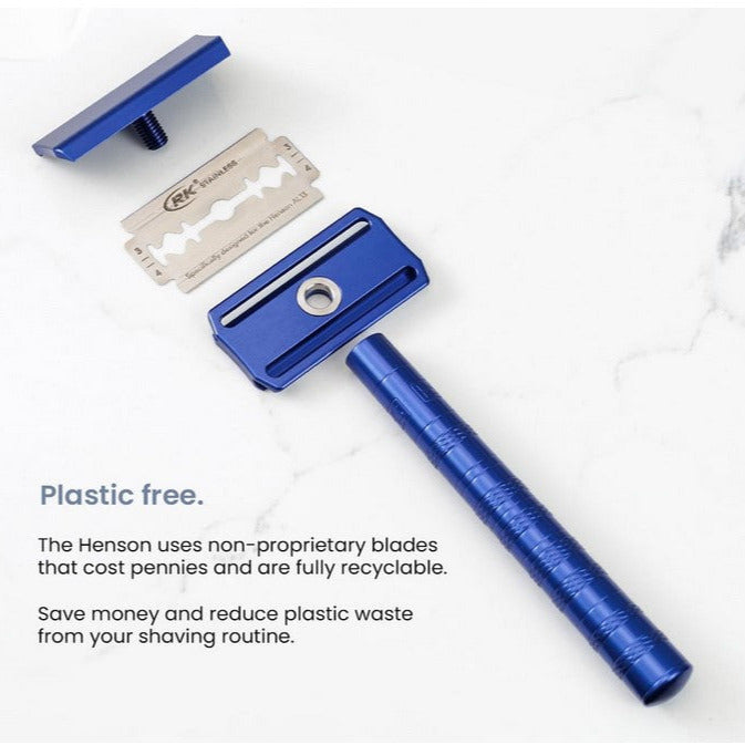 Disassembled Henson AL13 Steel Blue Razor showing plastic-free design and recyclable double-edge blade