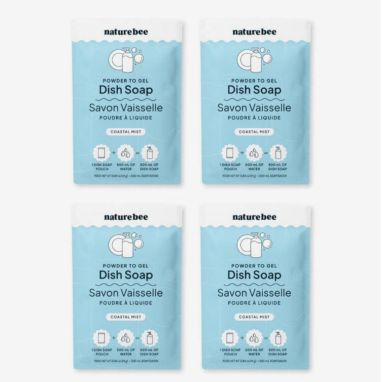 Nature Bee Coastal Mint Powder to Gel Dish Soap 4-Pack – Eco-Friendly Refillable Dish Soap Pouches