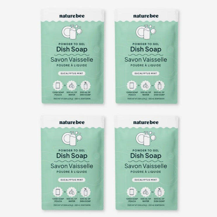 Nature Bee Eucalyptus Mint Powder to Gel Dish Soap 4-Pack – Eco-Friendly Refillable Dish Soap Pouches